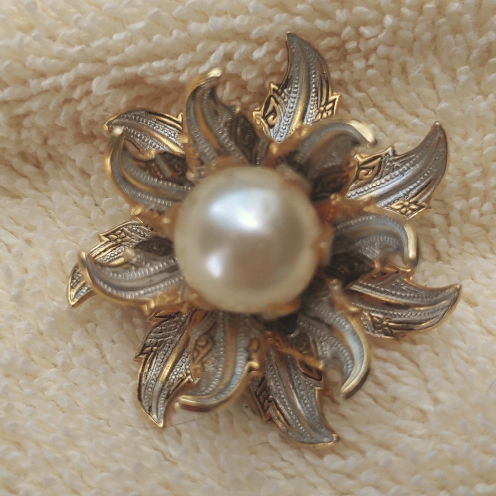 Gold and Silver Tone Flower with Faux Pearl Brooch Pin